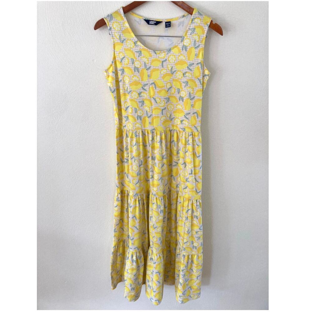 NWOT Lands' End Tiered Lemon print Maxi Dress Yellow sleeveless stretch XS (2-4)